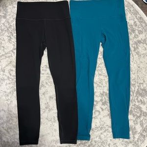 Lot of 2 Athleta Tights Salutation Black and Stash Pocket Moto in Teal XS